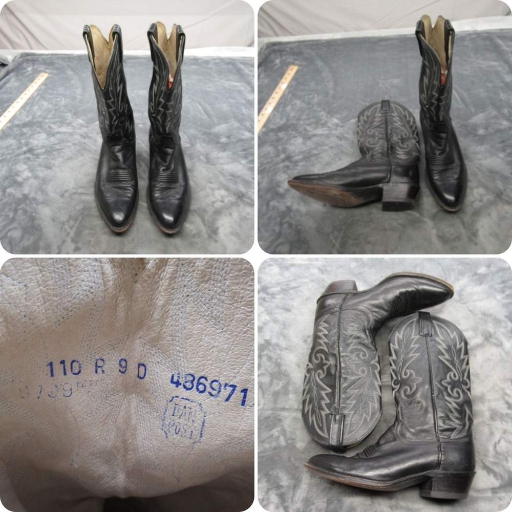Dan Post Western Boots Mens 9‎ D Black Leather Cowboy Classic Pull-On Almond Toe